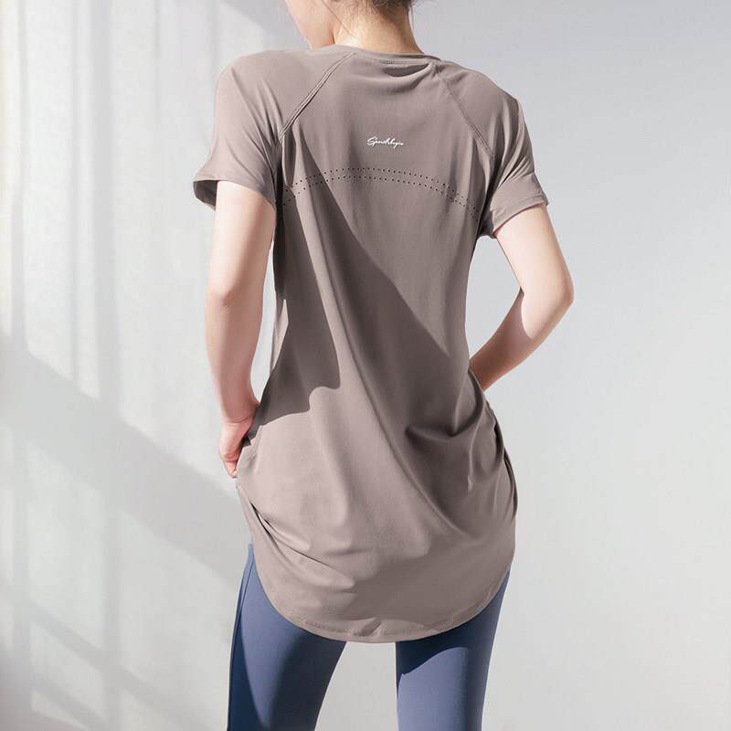 孕妇加长遮肚瑜伽短袖夏中长款遮臀显瘦透气跑步健身t恤运动上衣