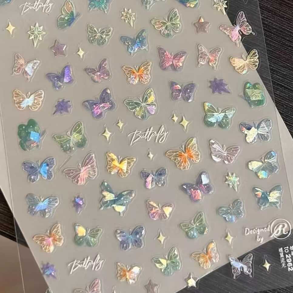 蓝色镭射蝴蝶贴纸脸部化妆立体贴
