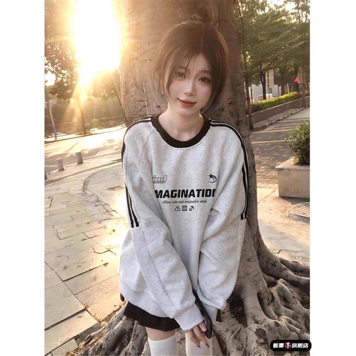 少女三条杠卫衣女大童秋冬2025新款初中高中学生宽松加绒长袖上衣