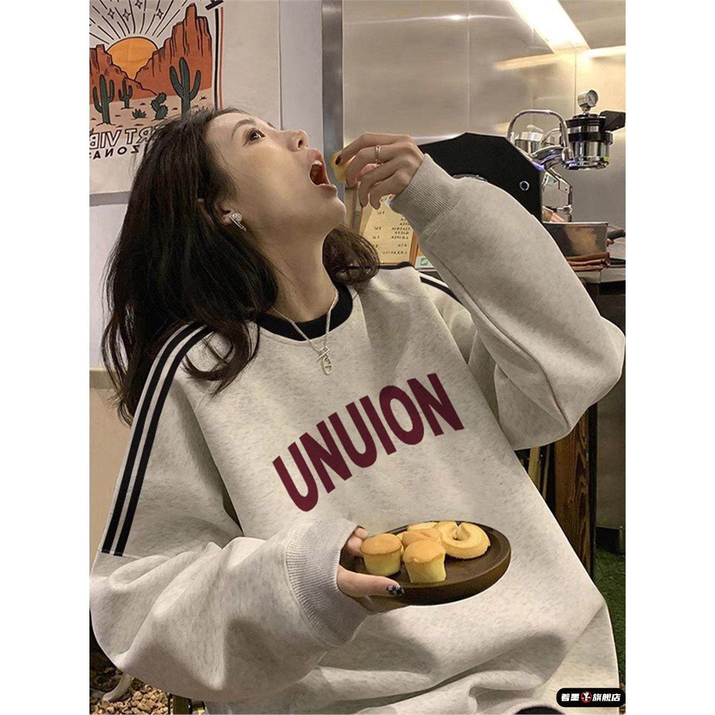 白灰三条杠圆领卫衣女大童2025秋冬新款初中高中学生宽松慵懒上衣