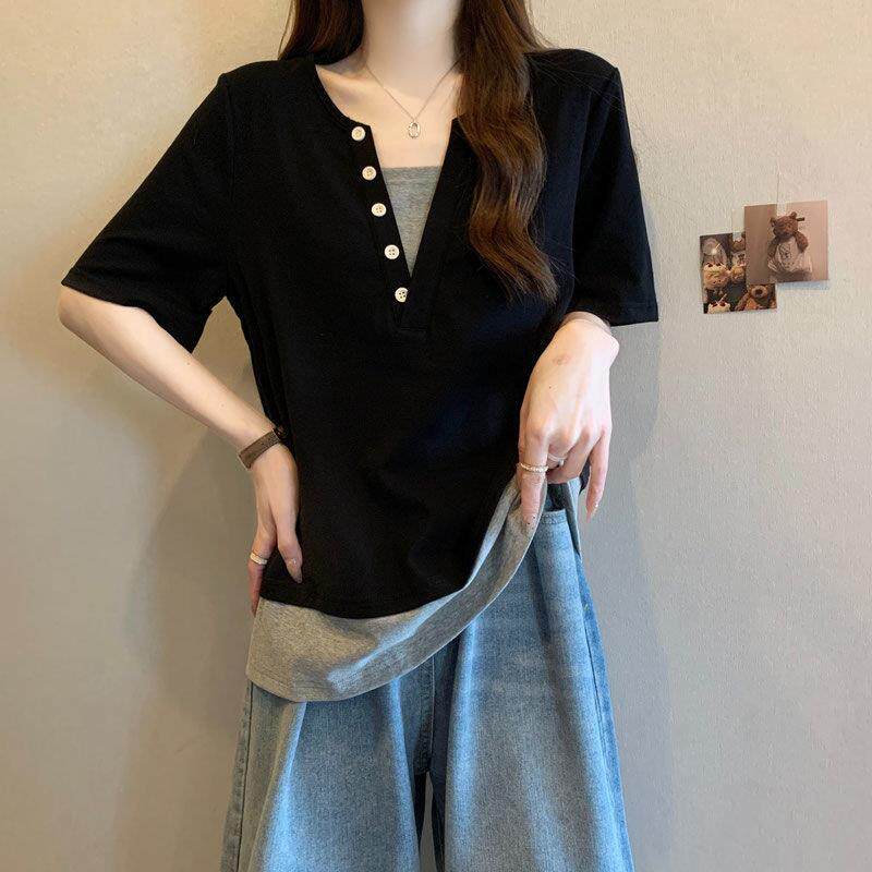 女士V领假两件宽松短袖t恤拼接女夏季2026年新款撞色设计肌理修身