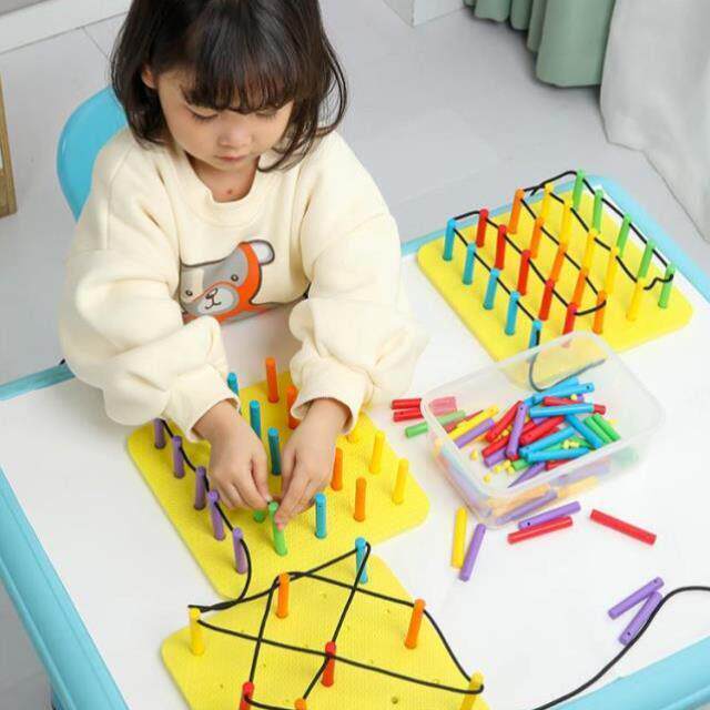 儿童智力桩板组合早教玩具彩色绕珠幼儿园益智积木穿插树桩工作卡