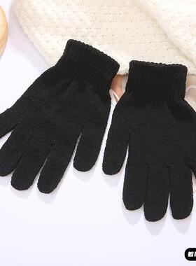 黑色棉纱分指手套男女通用冬季纯色骑行保暖手套针织手套保护手指