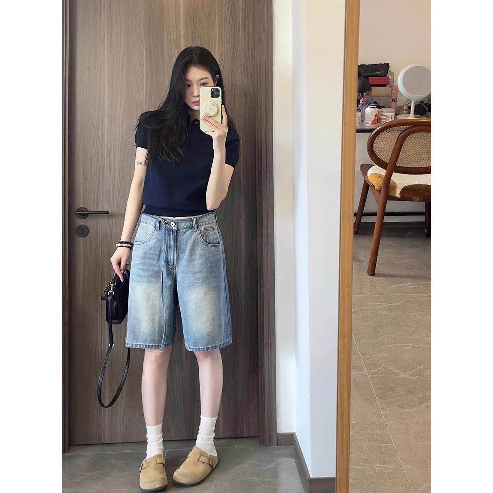 女士正肩针织短袖polo衫t恤女夏季修身收腰设计感翻领纯色上衣衫