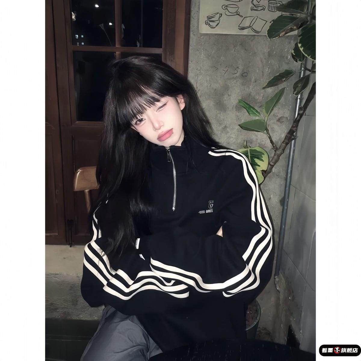 美式三条杠半拉链立领卫衣女大童春秋季加绒初中高中学生长袖上衣