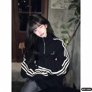 美式三条杠半拉链立领卫衣女大童春秋季加绒初中高中学生长袖上衣