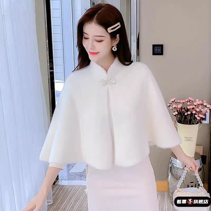 保暖披肩外搭加厚旗袍女冬季毛呢斗篷短款上