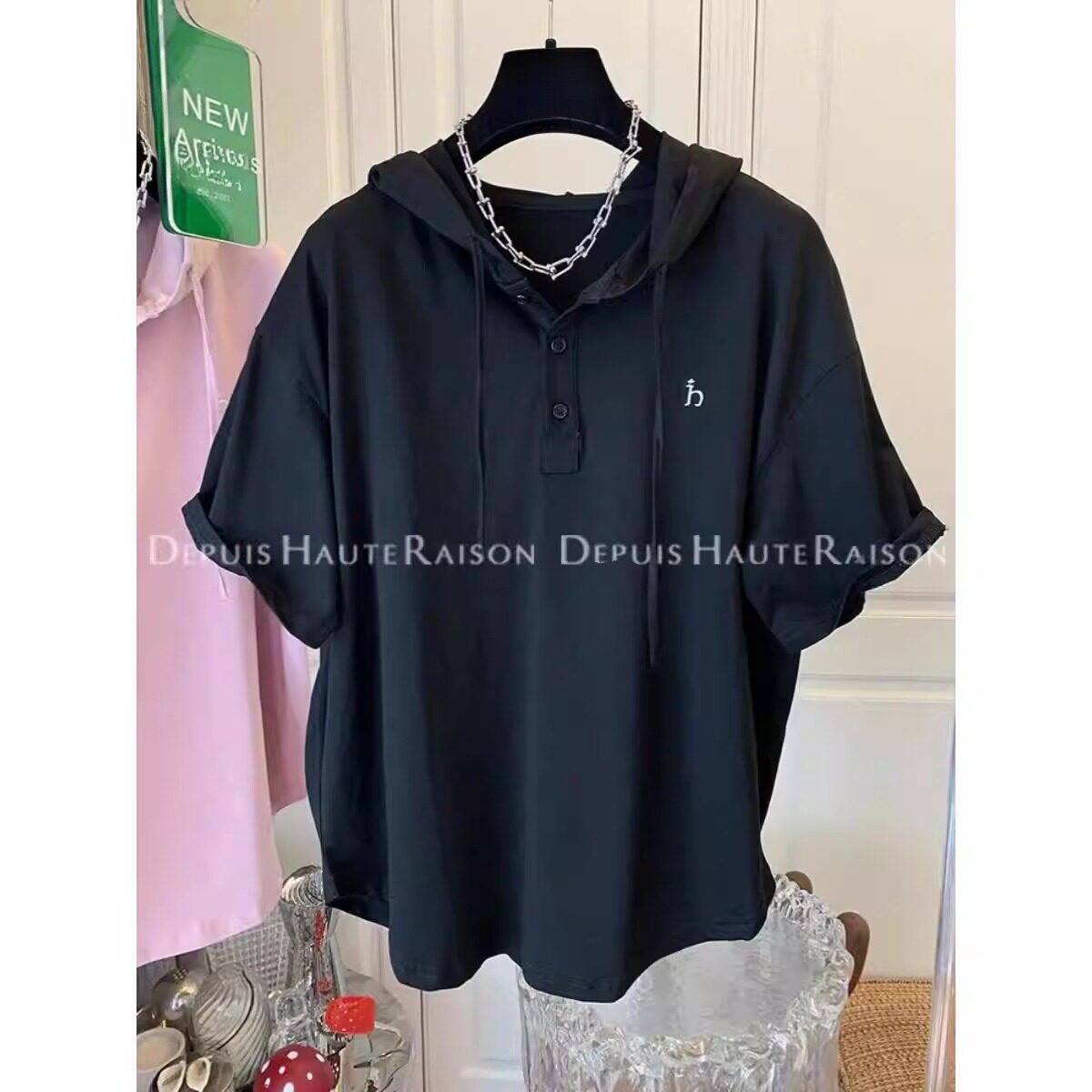 大码孕妇宽松运动上衣300斤刺绣字母连帽衫短袖T恤夏季胖妹妹遮肉