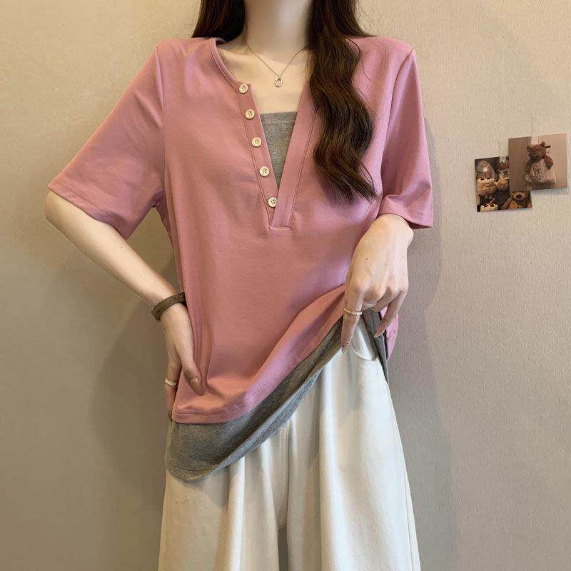 女士V领假两件宽松短袖t恤圆领显瘦女2026春秋季设计感新款假纽扣