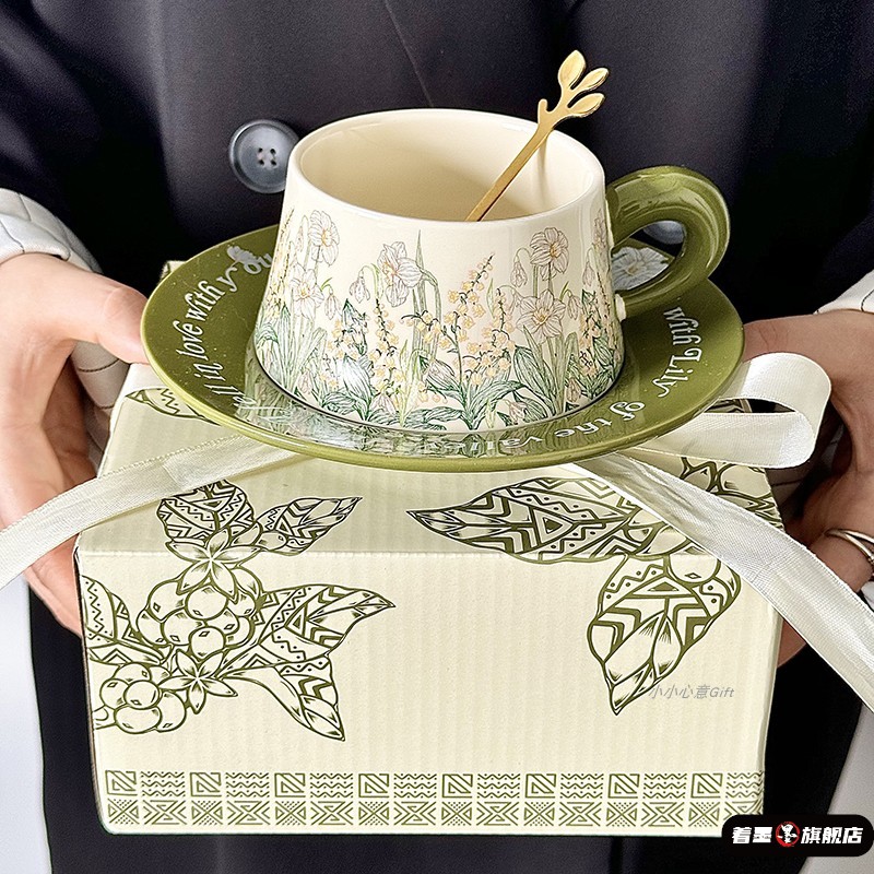 陶瓷精致咖啡杯油画风铃花碟套装高颜值高档