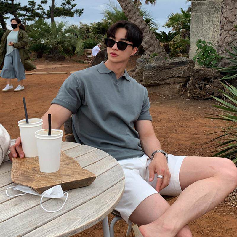 男士宽松翻领短袖polo衫款夏季薄款针织宽松休闲百搭纯色T恤上衣