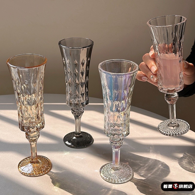 玻璃香槟杯高颜值小众复古ins钻石浮雕高脚