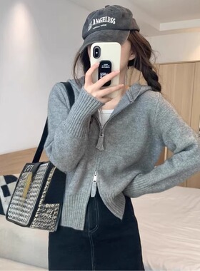 连帽开衫针织衫女款灰色拉链外套针织ins韩版洋气内搭短款打底衫
