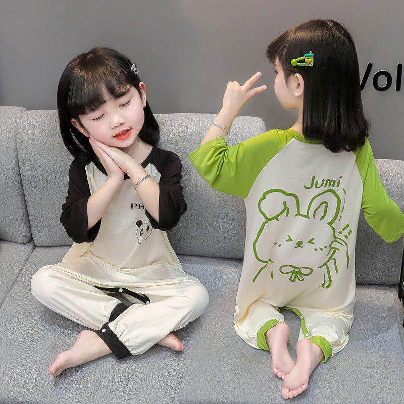 女童夏季薄款连体睡衣冰丝空调服睡袋女宝宝防着凉睡袍儿童家居服