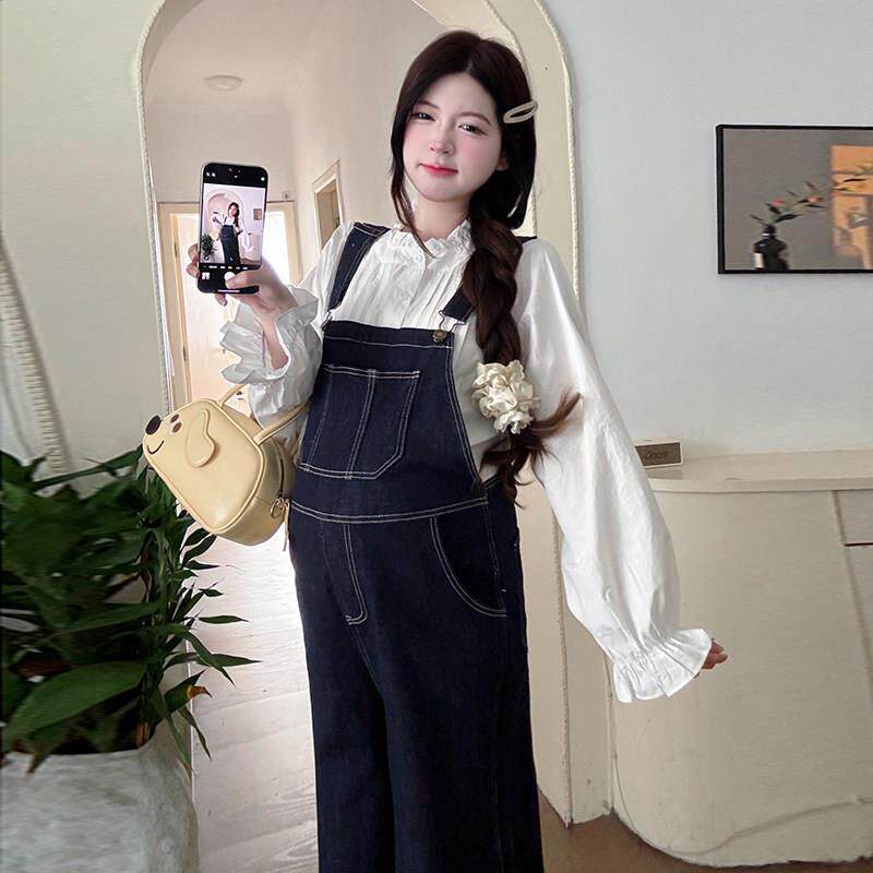 小个子背带裤宽松孕妇装套装时尚韩系艺术生宽松显瘦连体拖地长裤