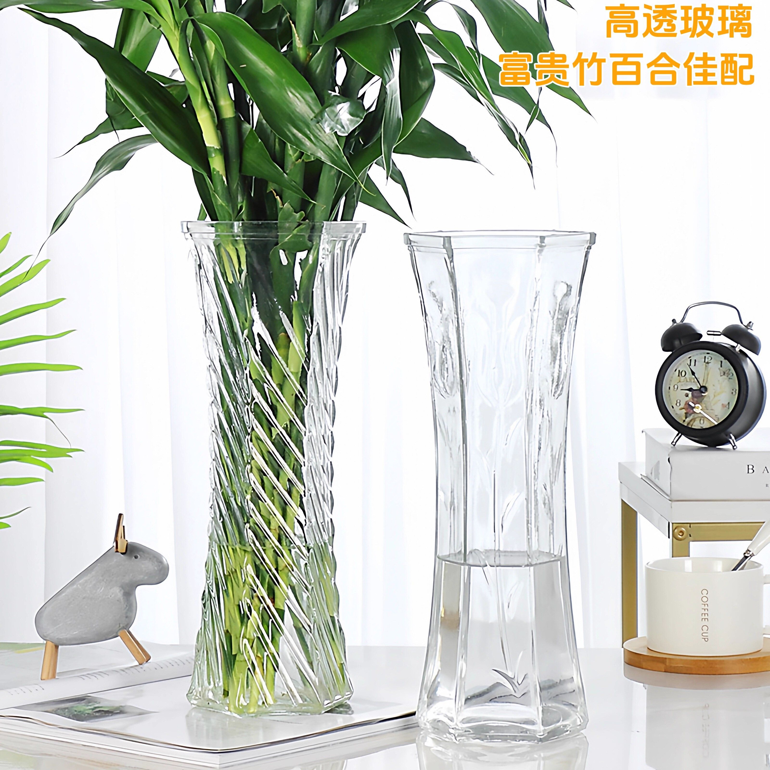 富贵竹花瓶创意大号透明六角玻璃水养百合鲜花插家用客厅摆件花器