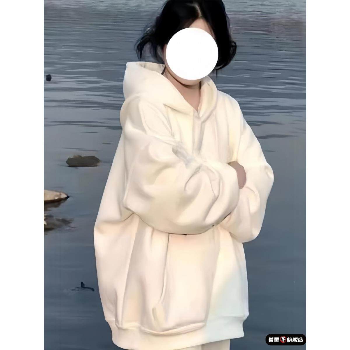 白色连帽卫衣女大童秋冬2025新款初中高中学生宽松慵懒风上衣外套