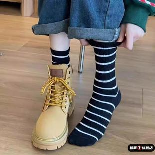 条纹袜子女春秋款 堆堆 中筒袜纯棉防臭黑色无骨配马丁靴咖色秋冬季