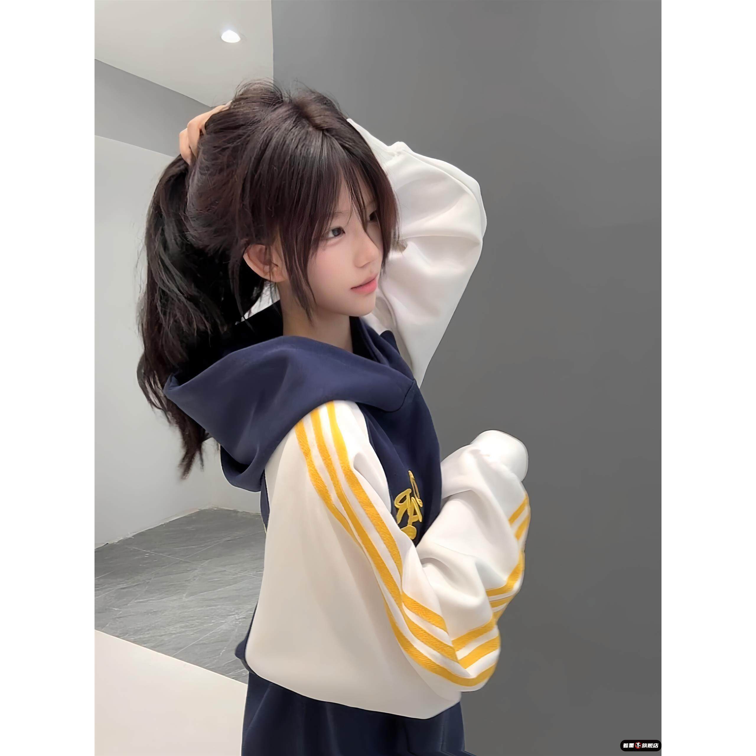 美式三条杠刺绣连帽卫衣女大童秋冬加绒初中高中学生宽松上衣外套