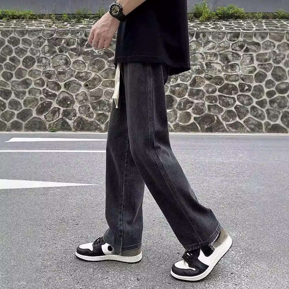 男士抽绳阔腿牛仔裤灰色男款宽松直筒美式阔腿裤百搭高街休闲长裤