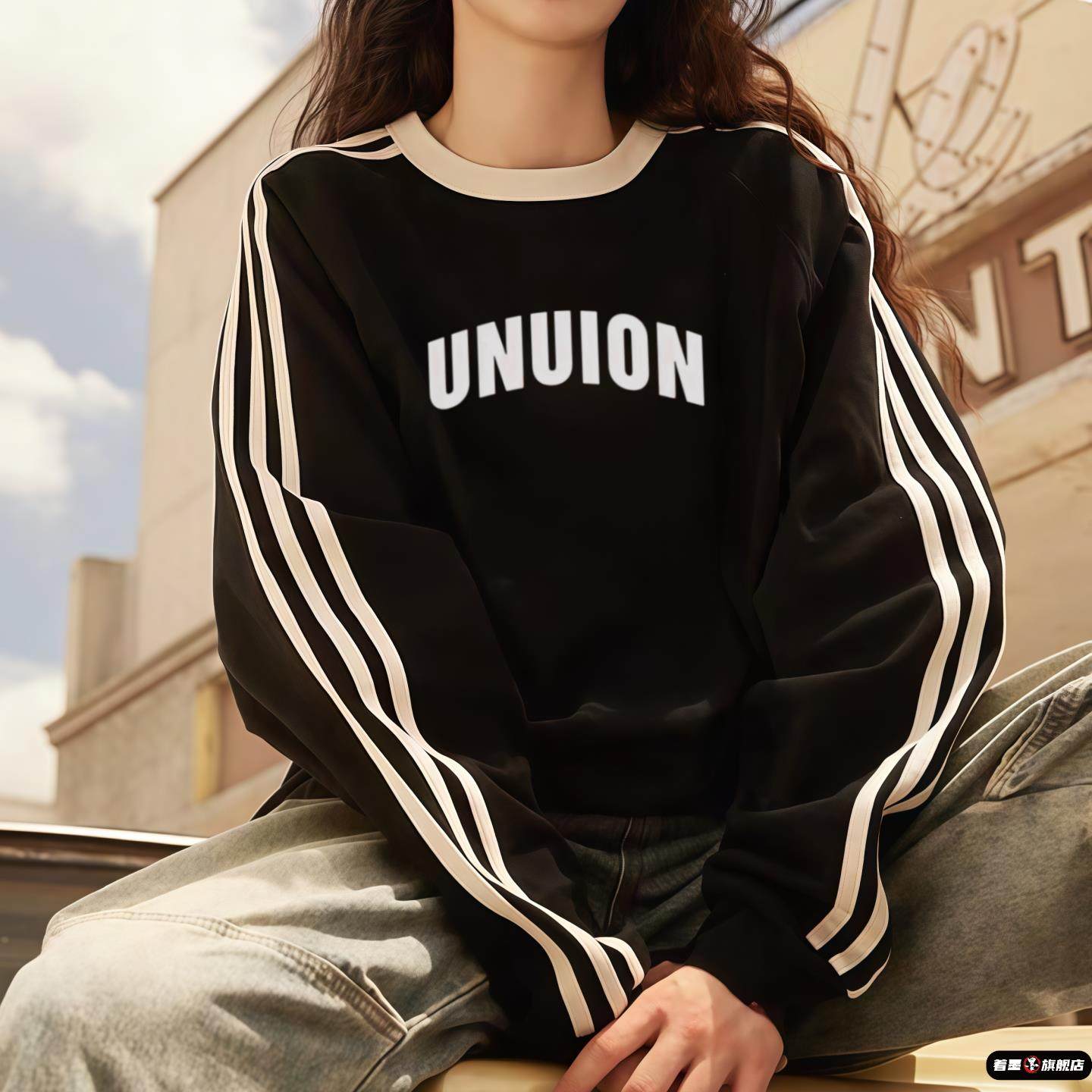 美式复古三条杠圆领卫衣女大童2025秋冬初中高中学生宽松长袖上衣