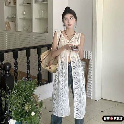 波西米亚风镂空蕾丝裙女无袖背心裙开衫外搭叠穿罩衫中长款连衣裙