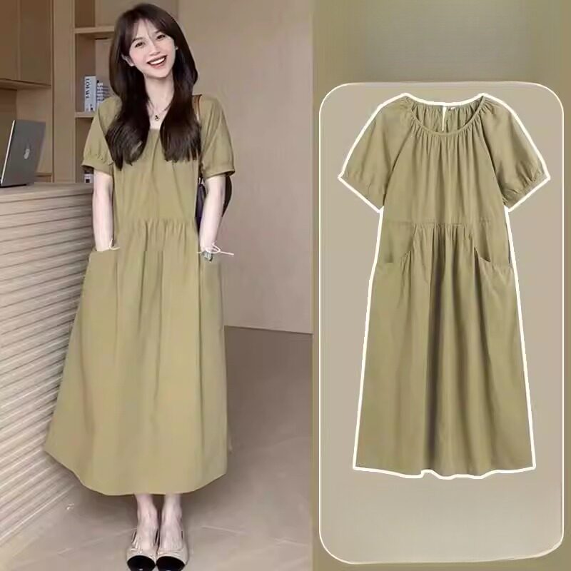 夏季宽松透气孕妇连衣裙2026新款夏装短袖韩版中长款褶皱显瘦长裙