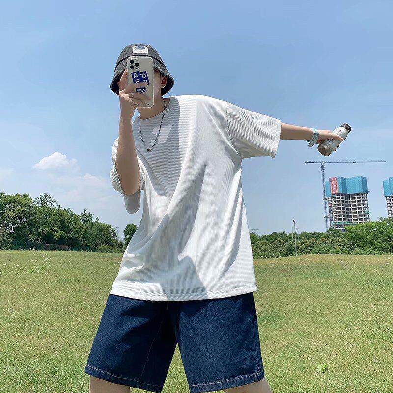 男士垂感冰丝五分袖t恤加肥加大码纯色短袖男女夏季新款港风宽松