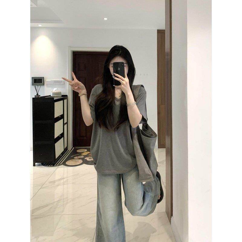 女士宽松v领短袖大版t恤微胖正肩女夏季胖mm大码女装遮肚显瘦上衣