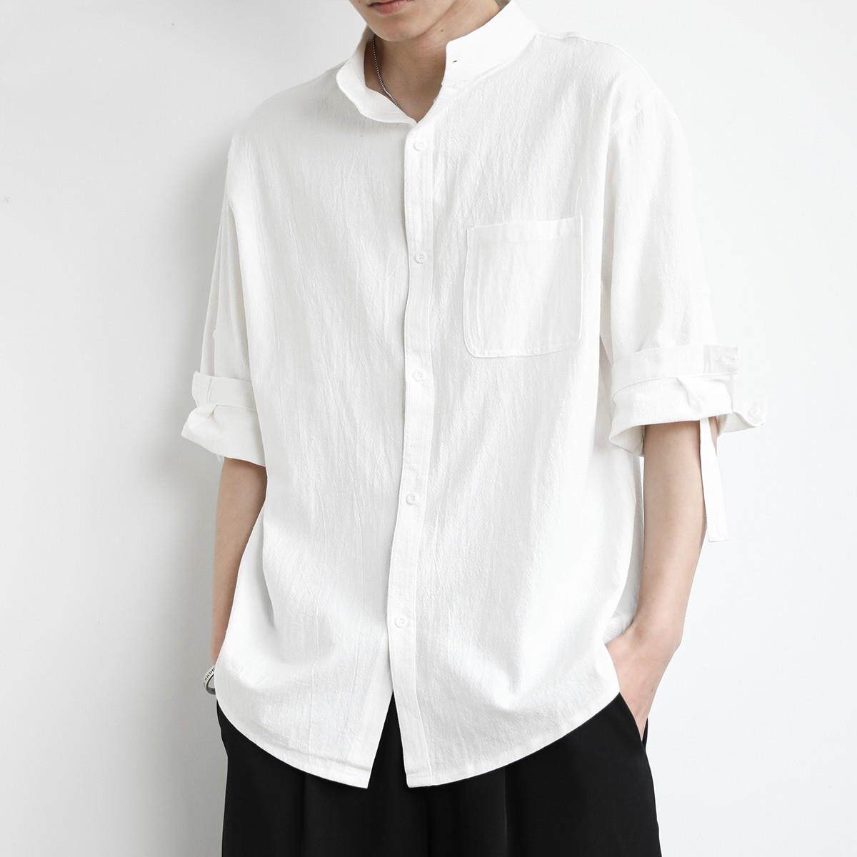 男士棉麻宽松短袖衬衫白色棉麻夏季薄款大码休闲男装上衣半袖衬衣