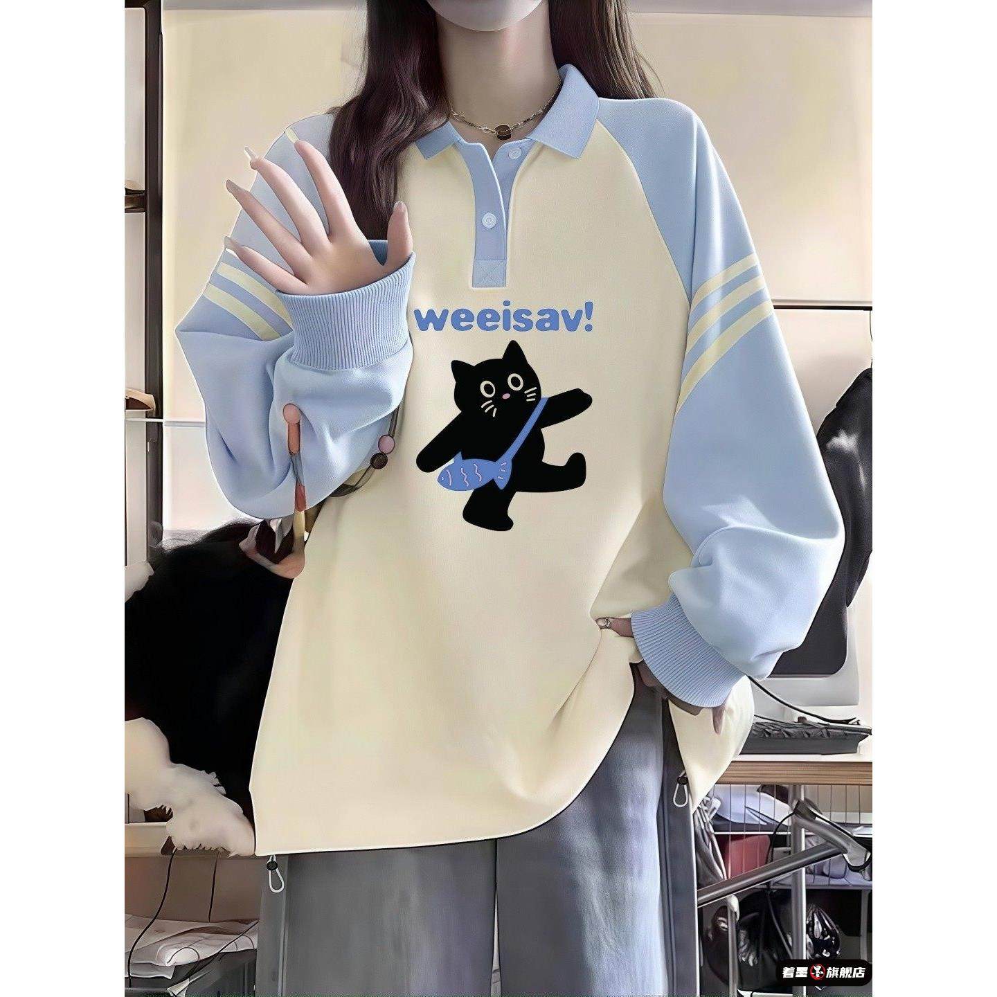 女大童2025新款polo领卫衣秋冬初中高中学生宽松oversize加绒上衣