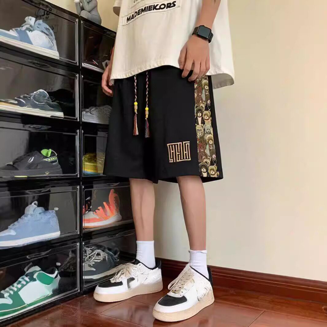 国风刺绣休闲运动短裤短裤男夏季青少年小熊裤子国五分运动裤内搭