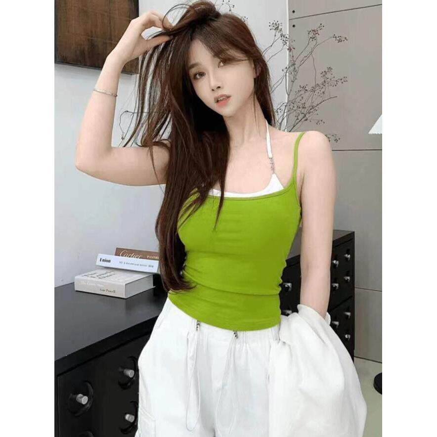 假两件外穿吊带背心带胸垫2026春夏夏季辣妹纯欲风撞色双肩女夏季