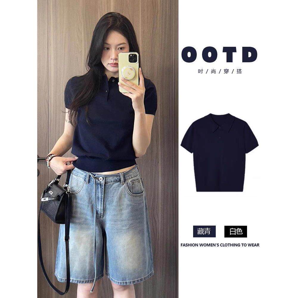 女士正肩针织短袖polo衫夏季2026新款纯欲小衫纽扣高级设计感上衣