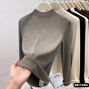 小立领白色螺纹加绒打底衫女2025秋冬新款内搭洋气半高领长袖上衣