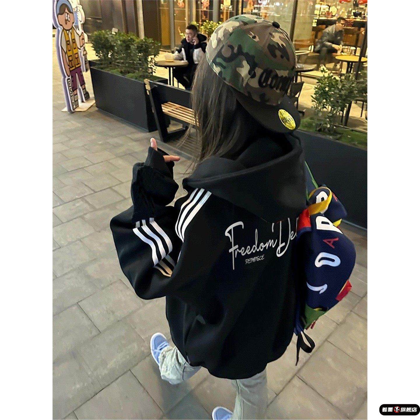 黑色高街hiphop三条杠连帽卫衣女装大童2025秋冬初中高中学生外套