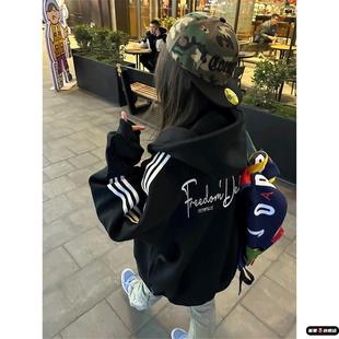 黑色高街hiphop三条杠连帽卫衣女装大童2025秋冬初中高中学生外套