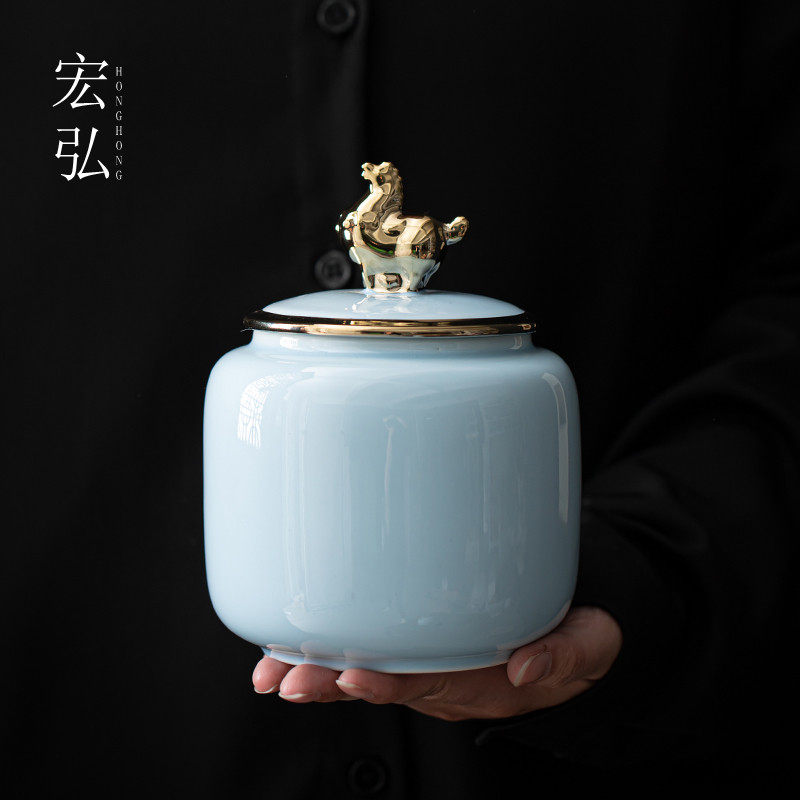 茶叶罐陶瓷密封罐家用储存罐家居马年摆件红绿茶缸新中式茶盒创意