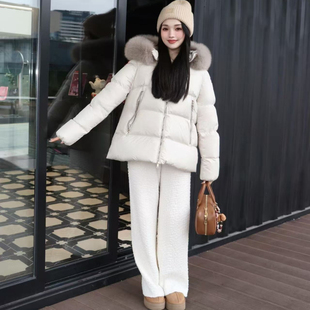 冬季 大毛领宽松A字型蒙口秋白鹅绒加厚保暖外套 蒙M家羽绒服女短款