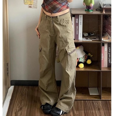 2025秋冬直筒休闲阔腿牛仔裤卡其色美式工装裤女150cm小个子显高