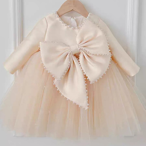 儿童礼服女宝周岁生日公主裙重工珍珠韩版蝴蝶结长袖蓬蓬裙小花童