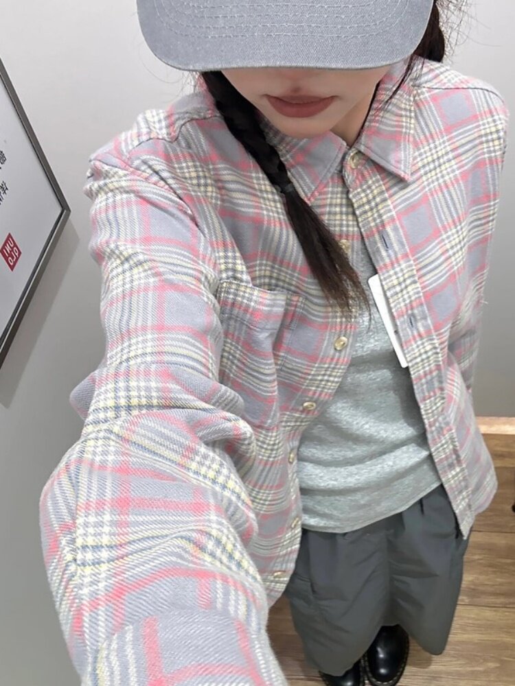 美国覆古纯棉灰粉色格纹衬衫女士单穿分层宽松衬衫夹克夫妇春夏上