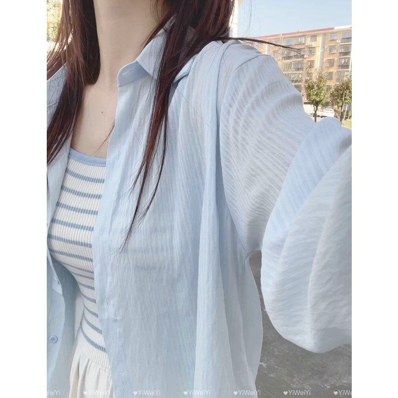 孕妇外穿薄款冰丝衬衫蓝色防晒女雪纺衫长袖2026新款夏季轻薄小个