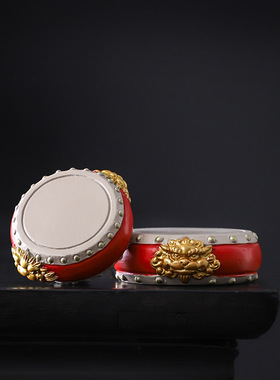 国风新中式红色圆形钟鼓工艺品摆件茶壶底座盖置博古架书房装饰品