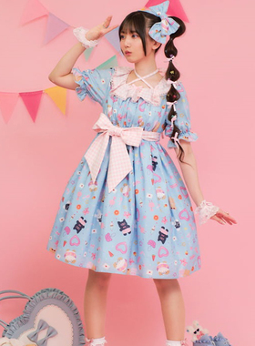 axesfemme kawaii欢乐假期交叉绑带甜美印花短袖连衣裙LD351X11S