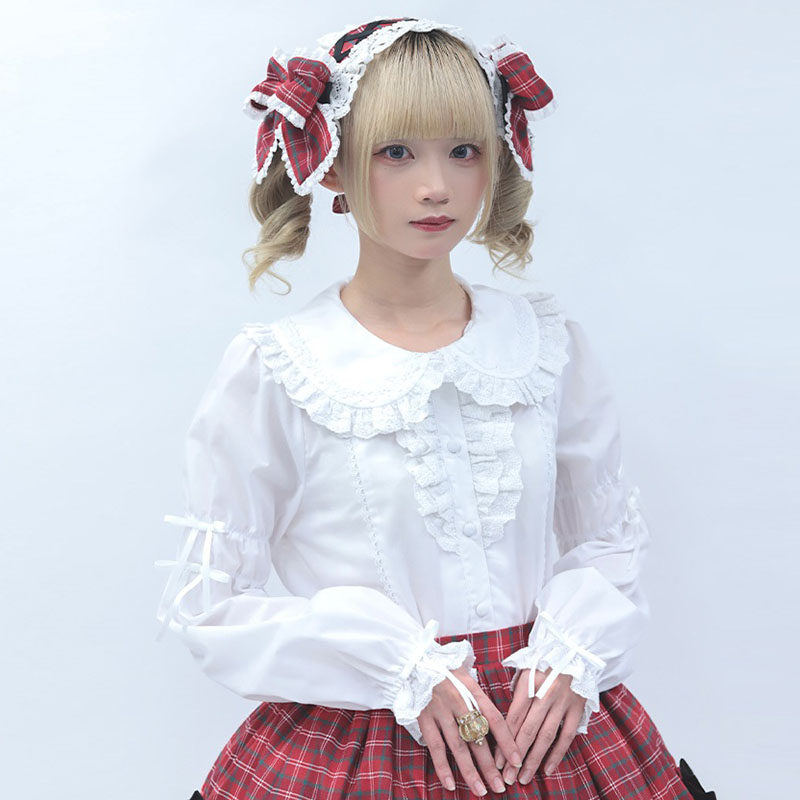 axesfemme甜美蝴蝶结蕾丝拼接少女感翻领女长袖含棉衬衫LD91X03C