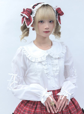 axesfemme甜美蝴蝶结纯棉蕾丝拼接少女感翻领女长袖衬衫LD91X03C