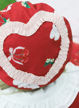 axesfemme日系樱桃小兔印花甜美爱心褶皱拼接平顶贝雷帽TS632X01C