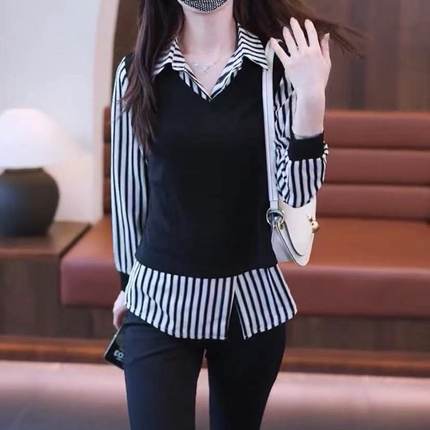 假两件打底衬衫女装2024秋装新款遮肚子常规气质小衫时尚通勤上衣