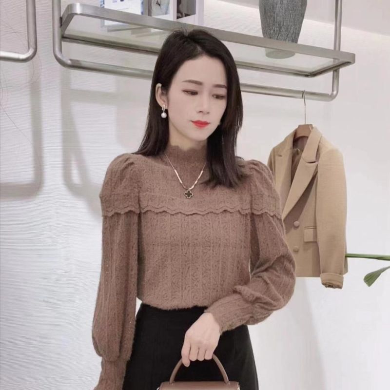 加绒加厚秋冬新款磨毛蕾丝打底衫花边上衣百搭半高领修身洋气衬衫